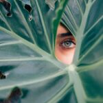 woman peeking over green leaf plant taken at daytime